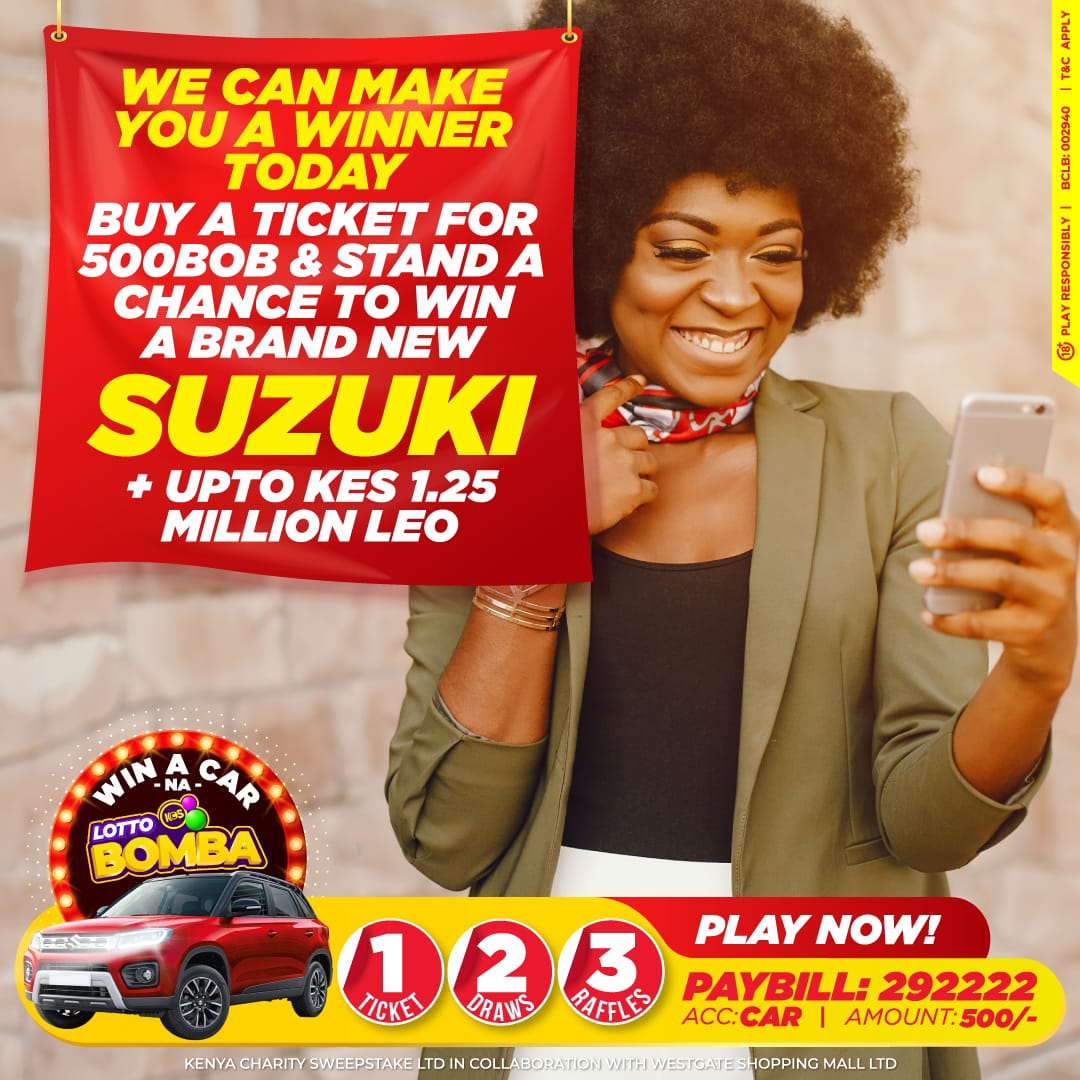KCS_Kenya's tweet photo. TRYING IS THE ONLY SURE BET TO WIN! Upto 1.25MILLION at 9pm! YOU COULD WIN a brand new Suzuki Vitara na BOMBA LOTTO & @WestgateMallKe
Mpesa 500 PAYBILL 292222 Account CAR
https://t.co/Puwst1zr39
#50yearsofwinning
#WinACarNaLottoBomba
#westgatemall #beawinner #ItCouldBeYou https://t.co/mfpyIseHm9