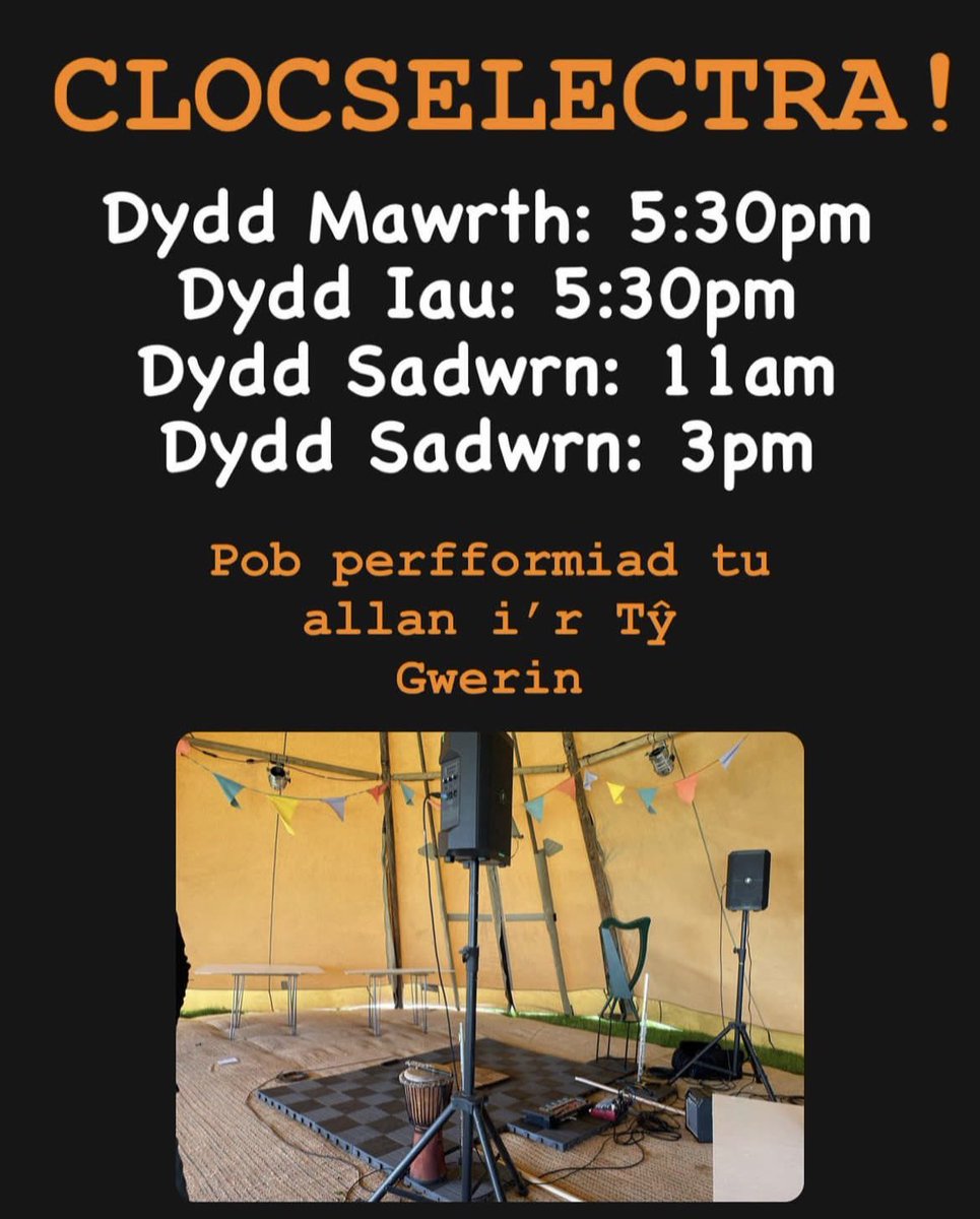 Dewch yn llu! #clocselectra tu allan i’r Tŷ Gwerin heddiw am 5:30pm <a href="/eisteddfod/">eisteddfod</a> <a href="/Arts_Wales_/">Cyngor Celfyddydau Cymru | Arts Council of Wales</a> <a href="/8Wyth/">8WYTH</a> <a href="/MenterMaldwyn/">MenterMaldwyn</a>