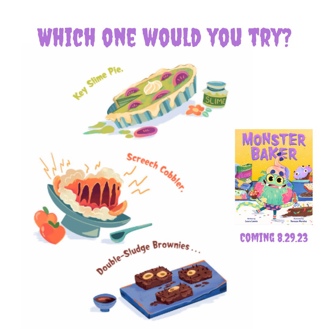 3 more weeks until MONSTER BAKER by me & @phonemova comes to a bookstore near you! Which dessert looks the most ghoulicious? 🥧 Key Slime Pie 🍑 Screech Cobbler 🟫 Double-Sludge Brownies