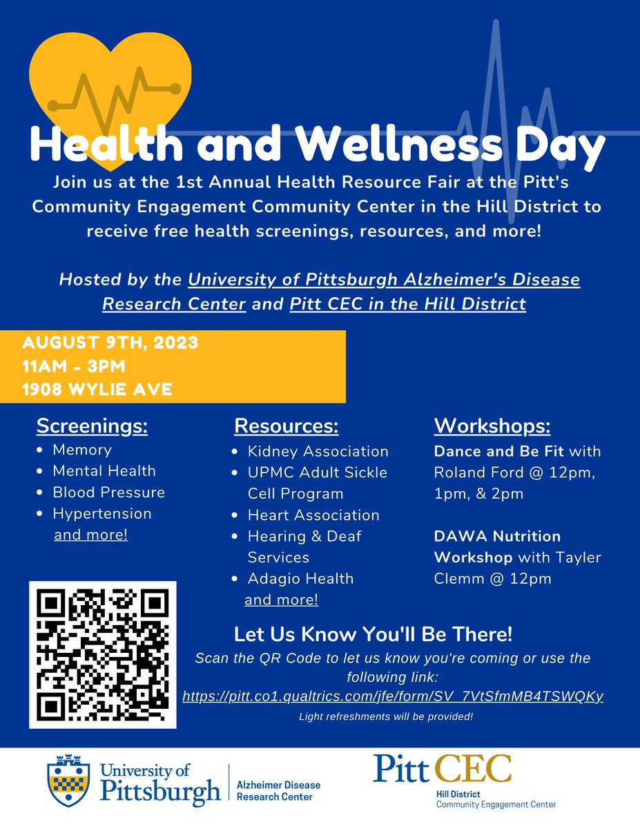 Pitt's Alzheimer's Disease Research Center (@pittadrc) on Twitter photo 📢Together with <a href="/PittCECHill/">Pitt CEC Hill</a> we are holding our 1st Annual Health and Wellness Fair. Join us for screenings and resources as well as dance and nutrition workshops!
Where: Hill Community Engagement Center, 1908 Wylie Avenue
When: August 9th, 11am-3pm
Please RT!
<a href="/PittTweet/">University of Pittsburgh</a> 📢Together with <a href="/PittCECHill/">Pitt CEC Hill</a> we are holding our 1st Annual Health and Wellness Fair. Join us for screenings and resources as well as dance and nutrition workshops!
Where: Hill Community Engagement Center, 1908 Wylie Avenue
When: August 9th, 11am-3pm
Please RT!
<a href="/PittTweet/">University of Pittsburgh</a>