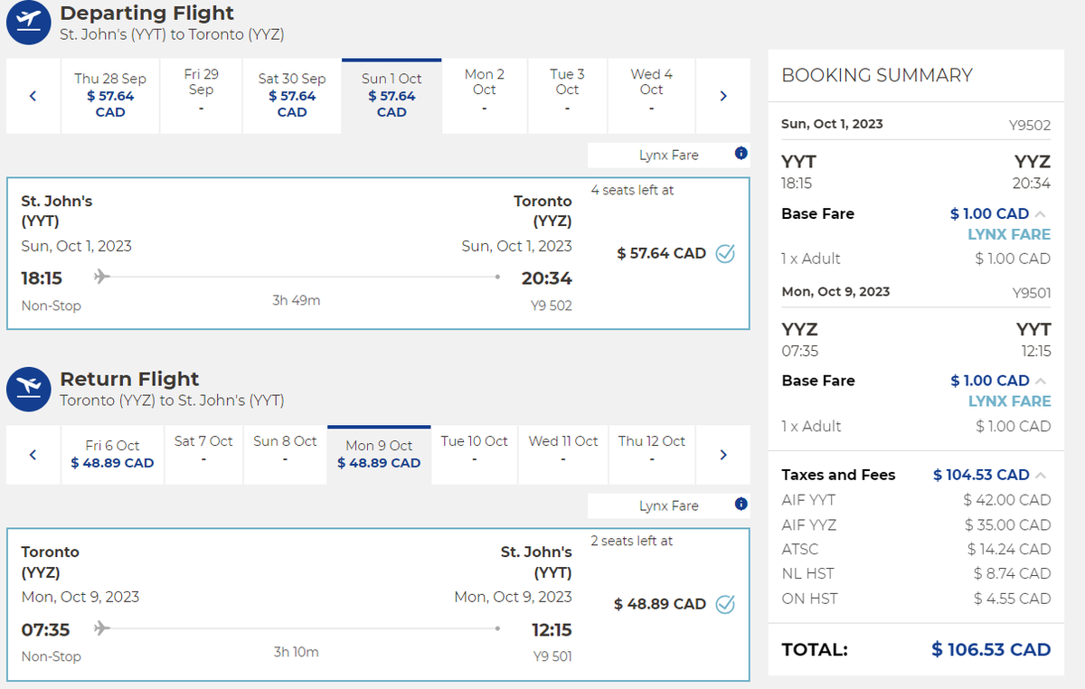 This may be the cheapest airline fares I've every seen between St. John's and Toronto, $107 return on Lynx.

Basically all you're paying are the fees, the airline gets $1. It's the end of Sept, beginning of Oct (before they end the route for the year)