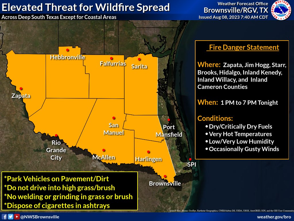 The combination of gusty winds, low humidity and very dry fuels could lead to erratic wildfire spread. Continue to take proper precautions to limit the start of any fires. #rgvwx #txwx