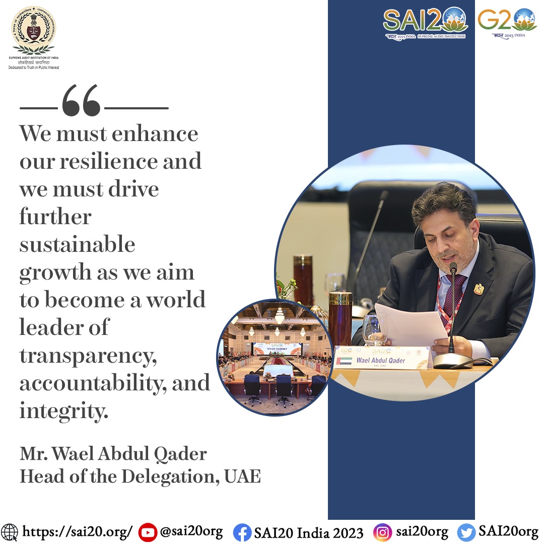 SAI20org's tweet photo. Mr. Wael Abdul Qader, Head of the Delegation, SAI UAE welcomed the opportunity to collaborate with the international community to drive sustainable growth at the local, regional, and international level. 

#CAGofIndia #SAI20India #UAE #G20Presidency https://t.co/TR2m3AEpDW