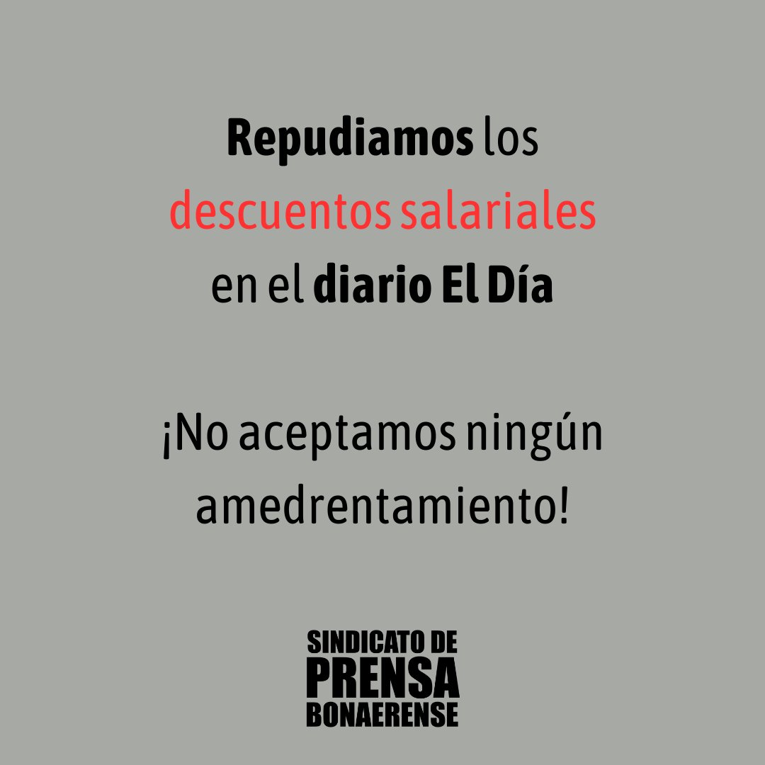 ¡REPUDIAMOS LOS DESCUENTOS SALARIALES EN
<a href="/eldialp/">Diario EL DIA de La Plata</a>!
La actitud nefasta de la empresa se da en medio de la discusión paritaria en la que buscamos una recomposición de nuestros sueldos. 
Leé el comunicado completo en nuestra web, ⬇️ siprebo.com.ar/repudiamos-los…