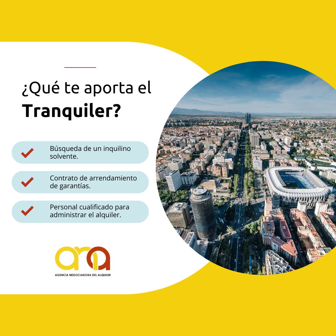 ¿Qué te aporta el Tranquiler? 🤔
🔎 Buscamos inquilinos solventes
📝 Preparamos un contrato de arrendamiento de garantías
🏡 Contamos con personal cualificado para gestionar el alquiler

#ana #alquiler #arrendamiento #tranquiler #inquilinos #piso #vivienda #sectorinmobiliario