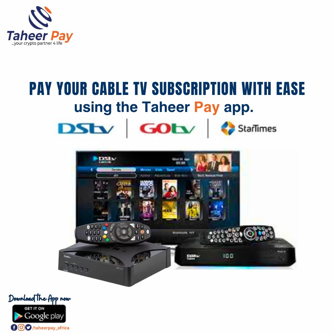 TaheerpayAfrica's tweet photo. Cutting the cable chaos has never been easier! 📺 Say goodbye to hassles and hello to convenience with Taheer Pay app – your one-stop solution for seamless cable TV subscription payments. 🌟 #TaheerPay #StreamlinedPayments #CableSubscription https://t.co/lrOlQGwrvl