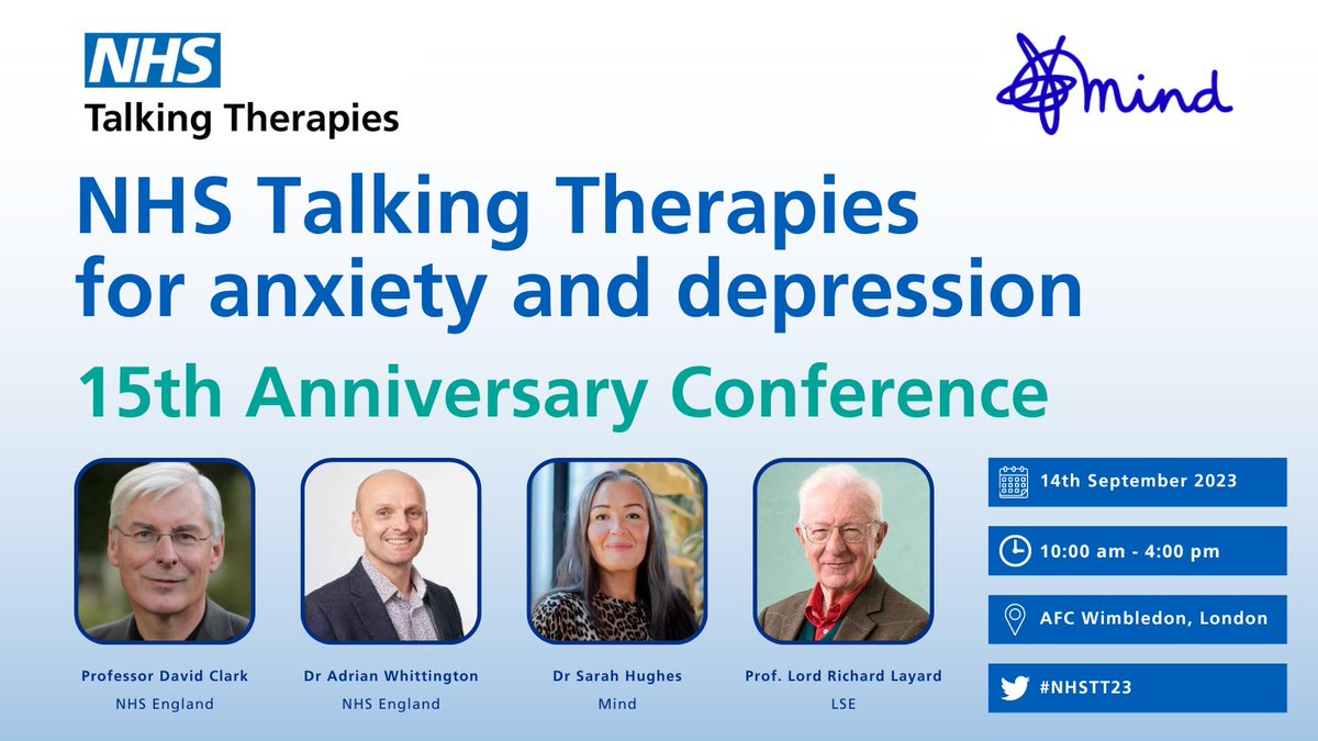 The NHS Talking Therapies conference will take place on 14th September, hosted by <a href="/NHSEngland/">NHS England</a> and <a href="/MindCharity/">Mind</a> - celebrating 15 years since the creation of NHS Talking Therapies (formerly IAPT)! 
More info and booking here: events.england.nhs.uk/events/nhs-tal… #NHSTT23