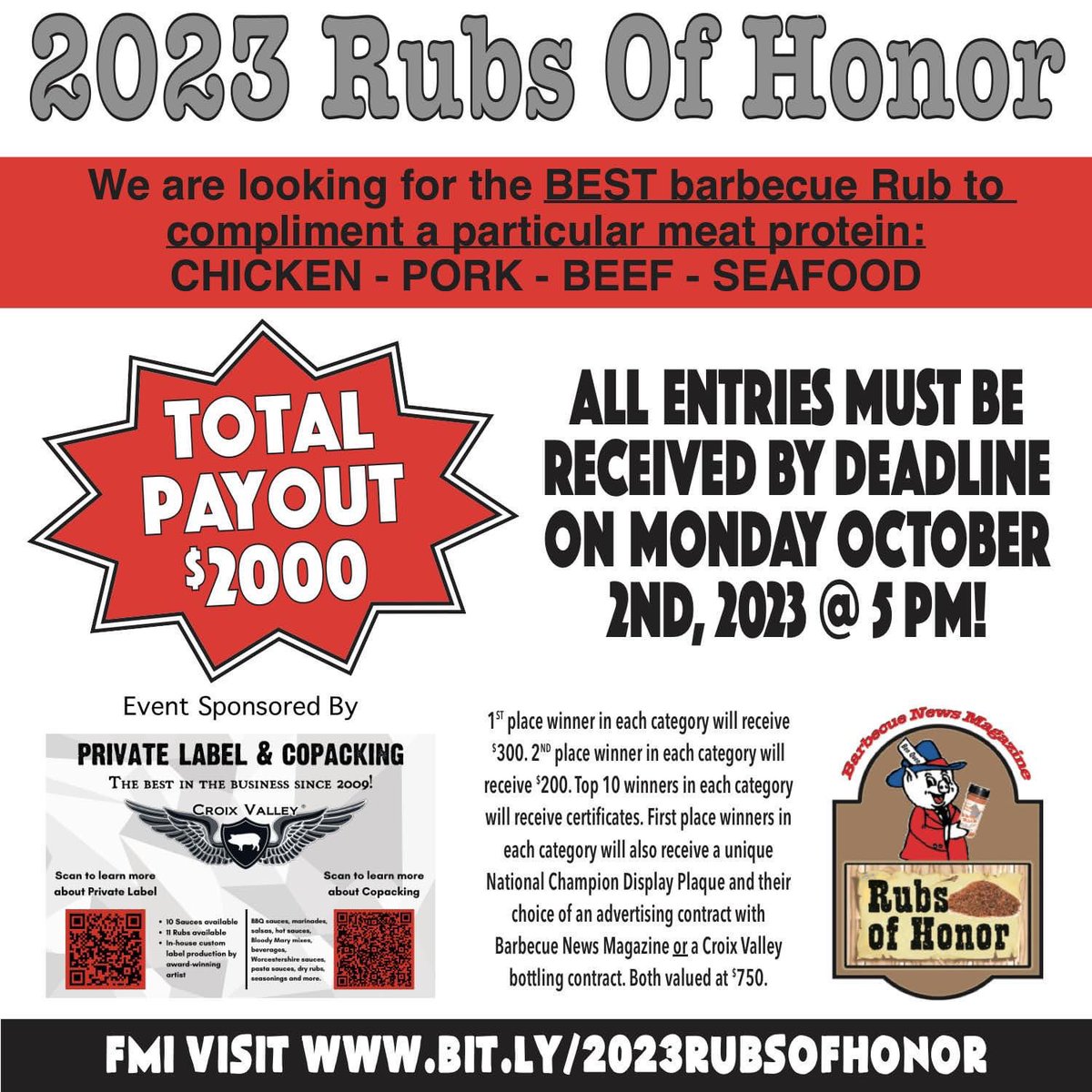 BBQNewsMagazine's tweet photo. ππ Accepting Entries for the 2023 Rubs of Honor Contest! ππ
Deadline to enter is Monday October 2nd, 2023 @ 5 PM!
FMI visit: https://t.co/sXvViNGaHg
Event Sponsored By: @croixvalley
#RubsOfHonor #2023RubsOfHonor #BarbecueNews #KellYeah #Nowthatssmokin #Nowthatsgrillin https://t.co/4zAZr72Jfo