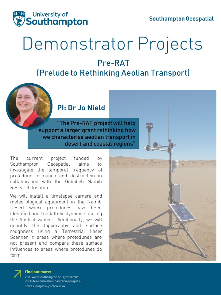 Our second Demonstrator Project to highlight is the Pre-RAT project, lead by Dr. Jo Nield (@TLS_Queen), This project will help support a larger grant rethinking how we characterise aeolian transport in desert and coastal regions. #research #development #project #geospatial