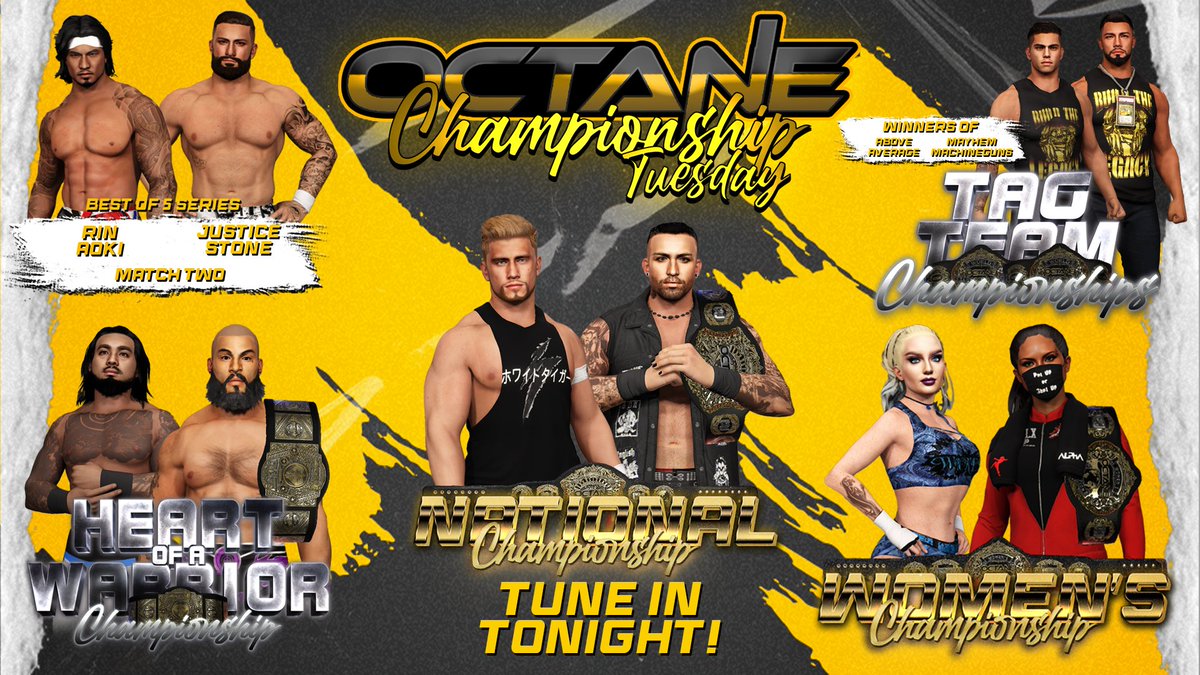 ITS CHAMPIONSHIP TUESDAY!

-LeBro/NOX National Title
-Yung/Sabrina Women's Title
-Takeda/Omega HoW Title
-CROWN FIRST EVER Tag Champs
-Match 2 Rin/Stone
-AND 2 CONTENDER BATTLE ROYALS!

Tune in tonight for all the action!

#FastActionHighOctane
