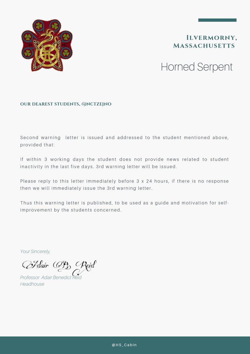 HS_Cabin's tweet photo. Second Warning Letter 

Dear Mr. @nctzejno, because of your inactivity, we are sending this letter, Please reply according to the specified time period.

Thank you for your kind attention. 

@MrDaxton @Prof_Stanford @ADMILVER @Profs_Reid @axquamenti https://t.co/Q2v9QviZEO