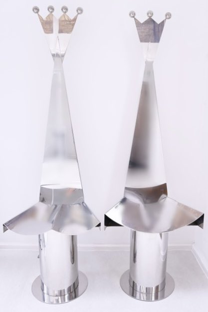 In addition to bronze busts, Frances has a collection of life-sized throne sculptures made out of stainless steel.

The throne is an ancient symbol in the Royal story, a literal seat of divine and secular rule, and a defining sign of the claim to power and authority…