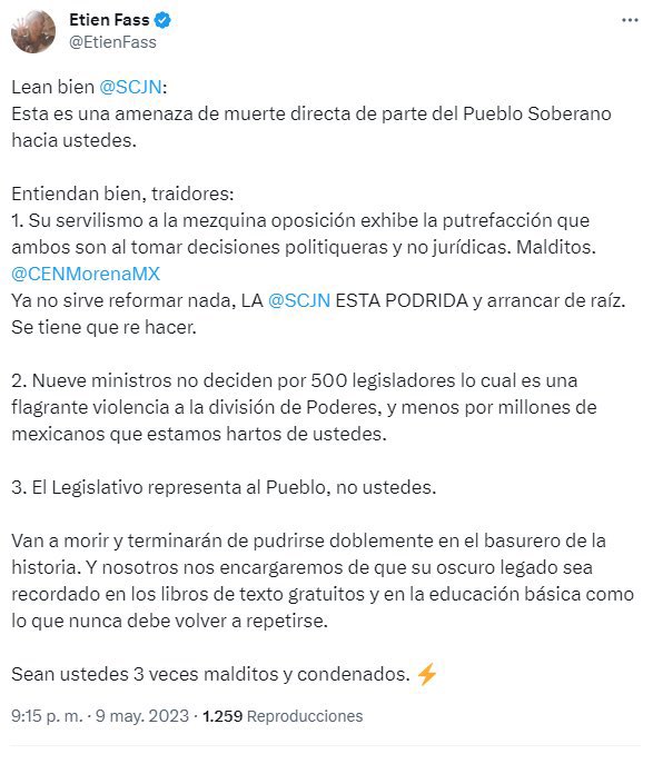 jaimeguerrero08's tweet photo. Así amenazó de muerte Etien Fass (@EtienFass), uno de los colaboradores de los nuevos libros de texto gratuitos de la @SEP_mx, a las y los ministros de la Suprema Corte (@SCJN).

Ya cerró su cuenta. https://t.co/iEpQmO5oG2