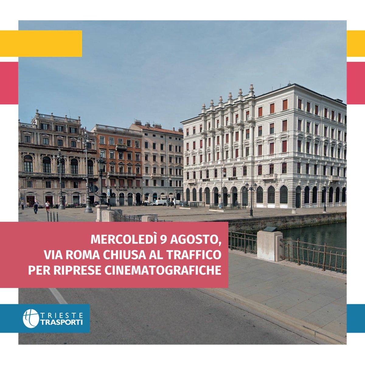 muoversitrieste's tweet image. ⛔🎥 Mercoledì 9 agosto, dalle 7:00 alle 20:00, via Roma a Trieste rimarrà chiusa alla circolazione veicolare per consentire l’effettuazione di riprese cinematografiche.

ℹ️ Qui per info sulle deviazioni: bit.ly/3s8OQj5