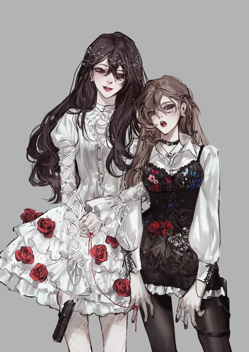 multiple girls 2girls long hair choker dress black hair flower  illustration images