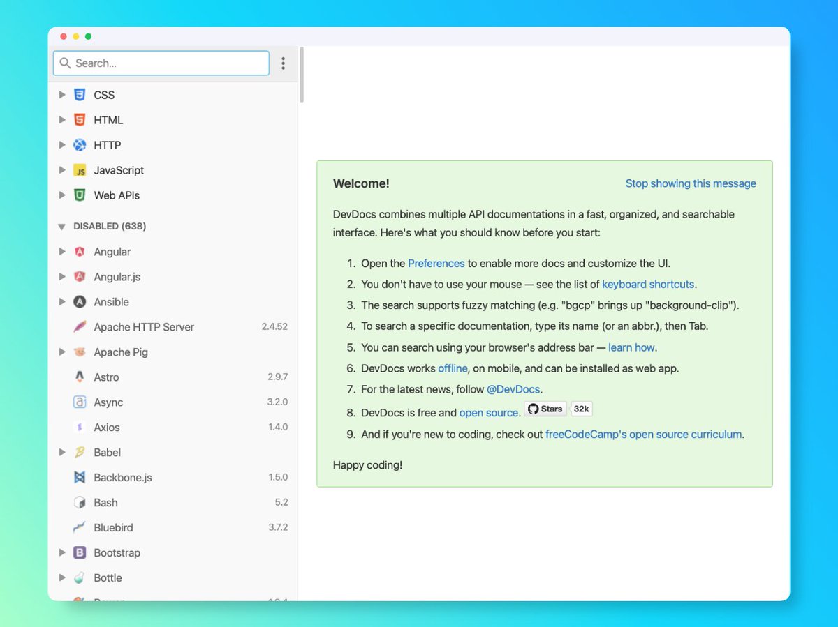 Consulta toda la DOCUMENTACIÓN oficial de los principales LENGUAJES y FRAMEWORKS en un único sitio.

✓ Buscador unificado
✓ Rápido y organizado
✓ 100 recursos
✓ Modo offline
✓ Es de código abierto

➟ devdocs․io