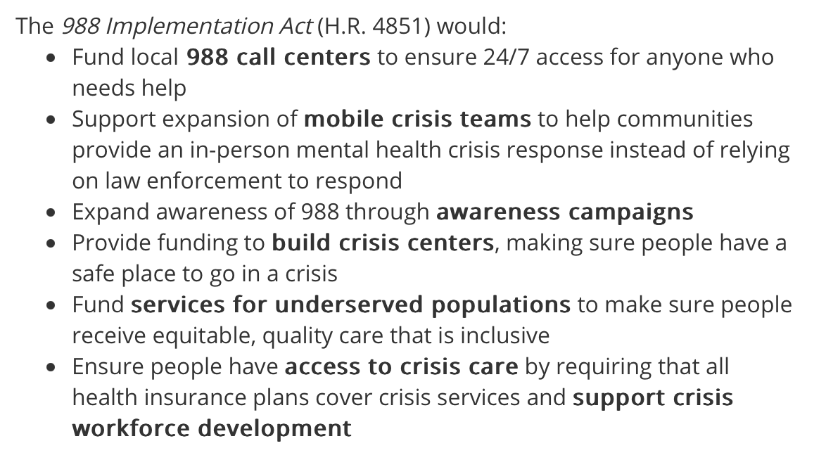 ICYMI: Congress reintroduced legislation—the 988 Implementation Act—that will continue to expand services to help people get the crisis care they need. Did you urge your member of Congress to support this bill yet? Don't wait, #Act4MentalHealth today! nami.quorum.us/campaign/49596/