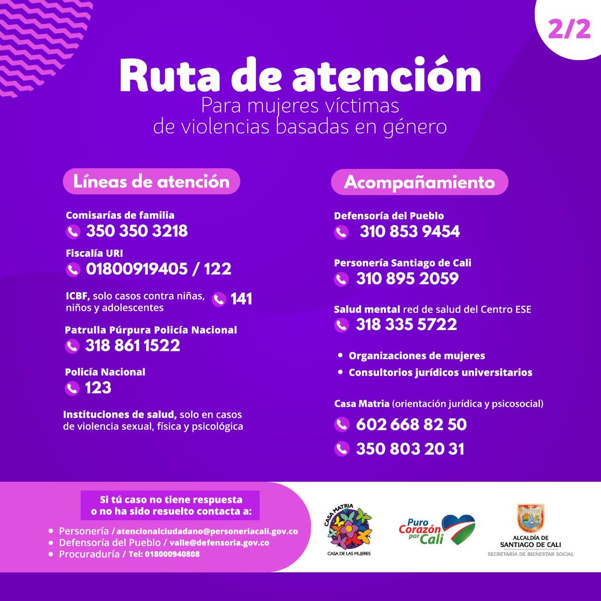 casamatriacali's tweet photo. 🙋🏽‍♀️ Si eres o conoces a una mujer víctima de violencias basadas en género, te invitamos a acudir a las Rutas de Atención. Guarda esta información y compártela a quien consideres que la necesita.

Puedes comunicarte al 📲 3508032031 para recibir atención psicosocial y jurídica. https://t.co/Jac7NAMCD6
