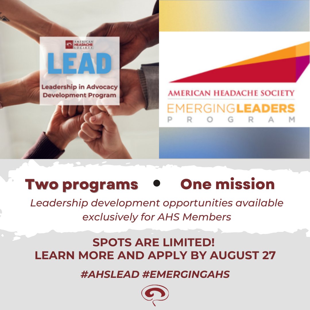 ahsheadache's tweet photo. This fall, AHS will offer members two professional development programs dedicated to developing future leaders within the Society and field of #HeadacheMedicine. Learn more and apply by August 27: https://t.co/KoKmSM2Uue
#EmergingAHS #AHSLEAD #NeuroTwitter https://t.co/hUdFWNeBHa