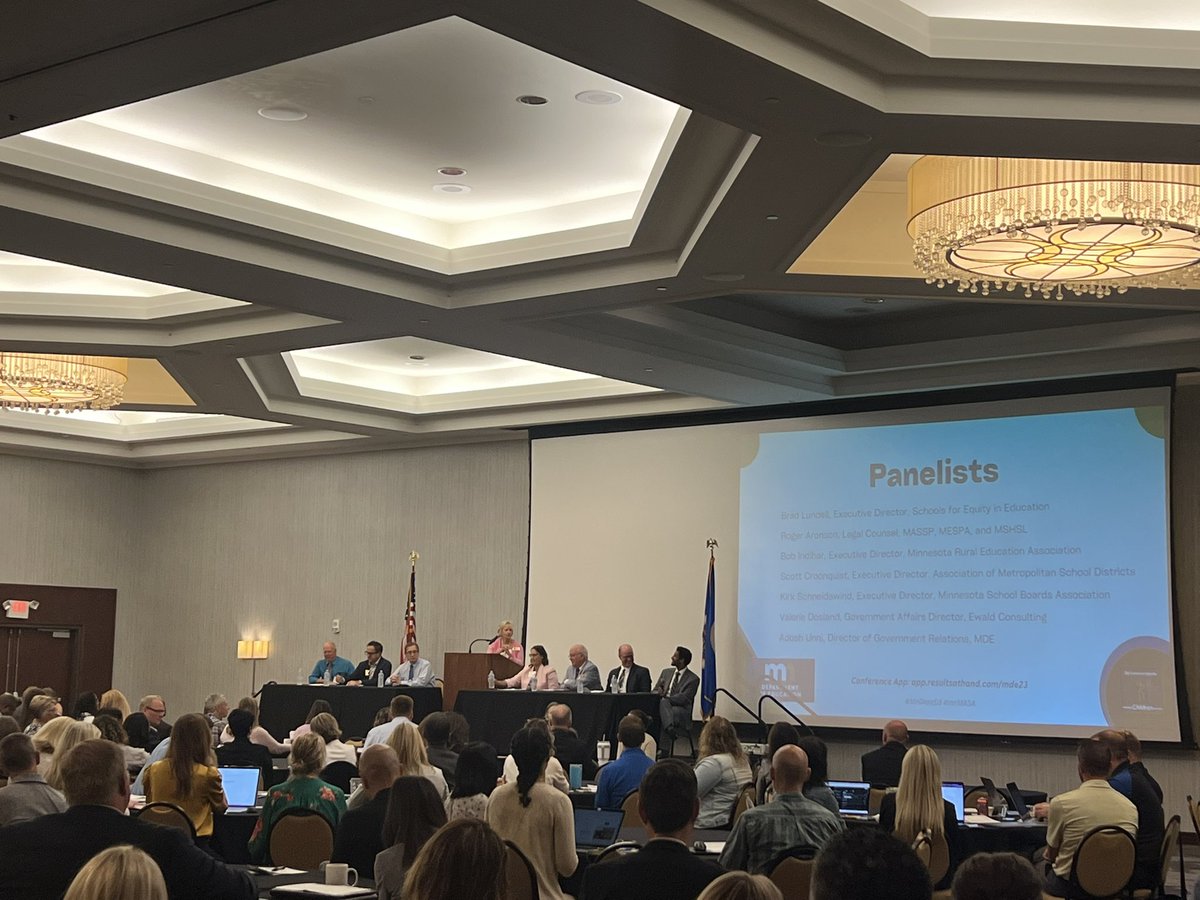 MNAssocSchAdm's tweet photo. Statewide executive leaders and legislative experts providing a #mnleg recap &amp; outlook to wrap up our AM gen session! 🗣️🎤 @MnDeptEd @mnmsba @MREAvoice @amsdmn @EwaldConsulting @mnprincipals @MESPAprincipals @MSHSL #mnMASA #MNDeptEd https://t.co/bqAX0sjtxs