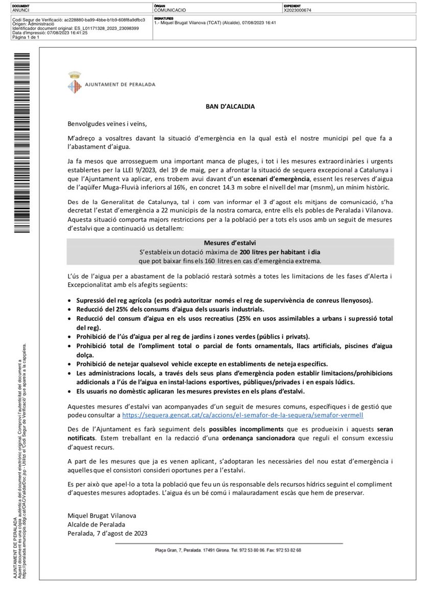 ajperalada's tweet photo. 📢 BAN MUNICIPAL amb les mesures de reducció del consum d'aigua derivades per l'estat d’emergència per sequera decretat per @gencat
A més a més, s’han tancat les dutxes dels vestidors de tots els equipaments esportius.
Llegeix-lo en català o en 🇫🇷🇬🇧🇪🇸 a https://t.co/ufNazZW5v4 https://t.co/FKtWzFpuKf