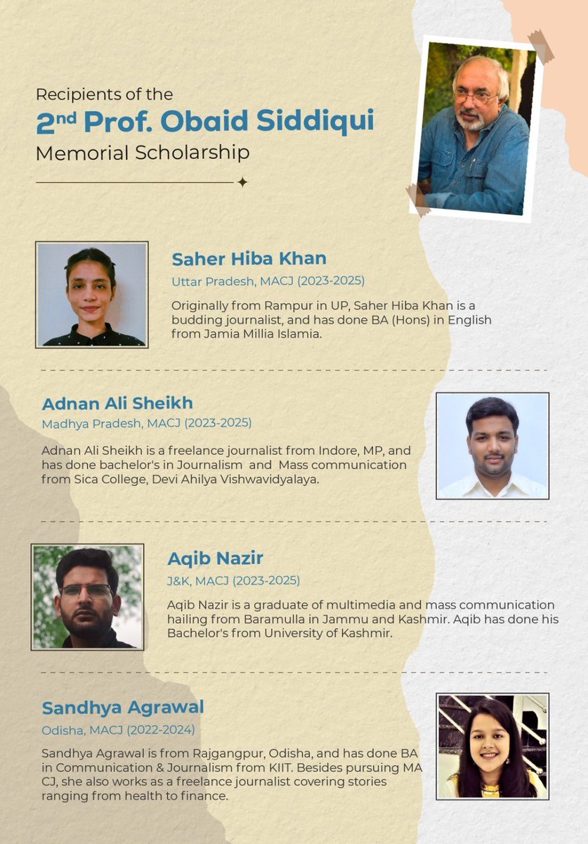 JamiaJournalism's tweet photo. Happy to announce the recipients of the Second Professor Obaid Siddiqui Memorial Scholarship. Congratulations to all the four candidates. https://t.co/LStJn8hjnD