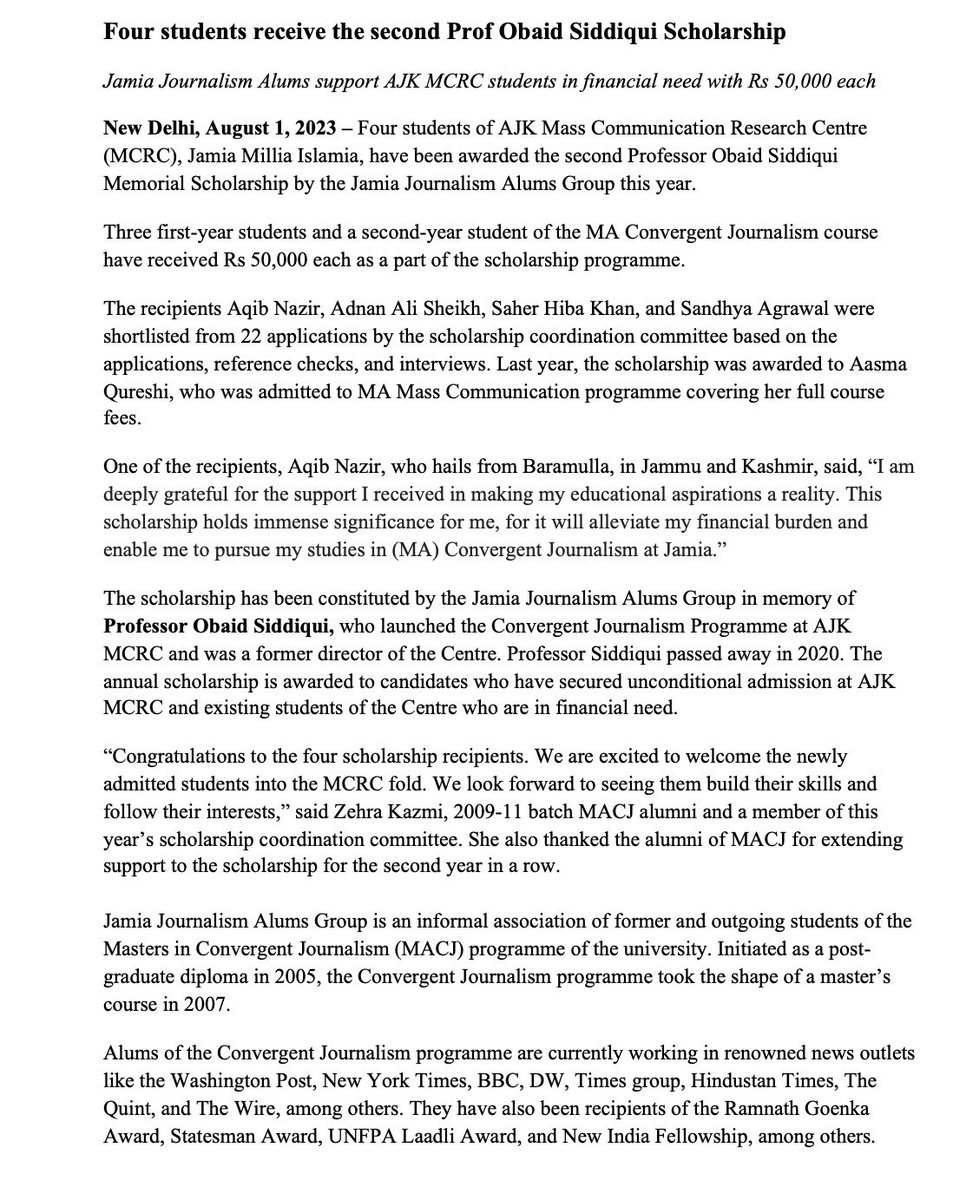 JamiaJournalism's tweet photo. Happy to announce the recipients of the Second Professor Obaid Siddiqui Memorial Scholarship. Congratulations to all the four candidates. https://t.co/LStJn8hjnD