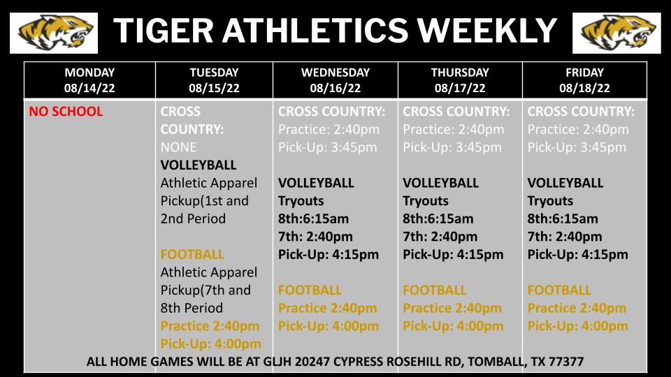 GLJH_Athletics's tweet photo. Here is a glimpse at our first week in Tiger Athletics.  School is just one week Away.  GO TIGERS!! https://t.co/W8bPyziPBy