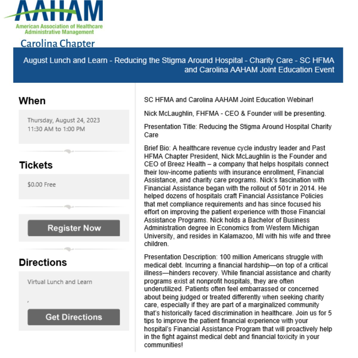 SC HFMA &amp; AAHAM Joint Education Event