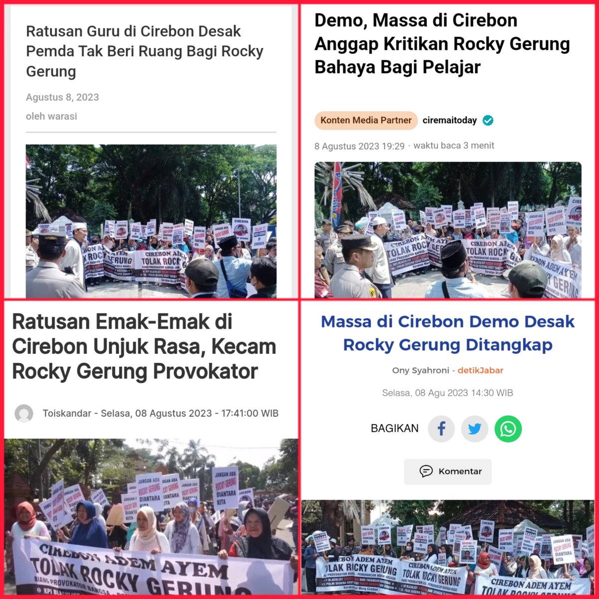 Cirebon tolak Rocky Gerung.

Selain memboikot, massa juga minta aparat segera #TangkapRockyGerung dan mendesak Rocky Gerung untuk diblacklist dari tayangan tv nasional.

Setuju, boikot, tangkap dan blacklist Rocky Gerung.
<a href="/mohmahfudmd/">Mahfud MD</a>
<a href="/ListyoSigitP/">Listyo Sigit Prabowo</a>
enamplus.liputan6.com/news/read/5365…