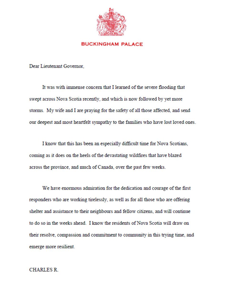 GGCanada's tweet photo. A message from His Majesty King Charles III regarding the flooding in Nova Scotia. https://t.co/G4zl2hS7lX