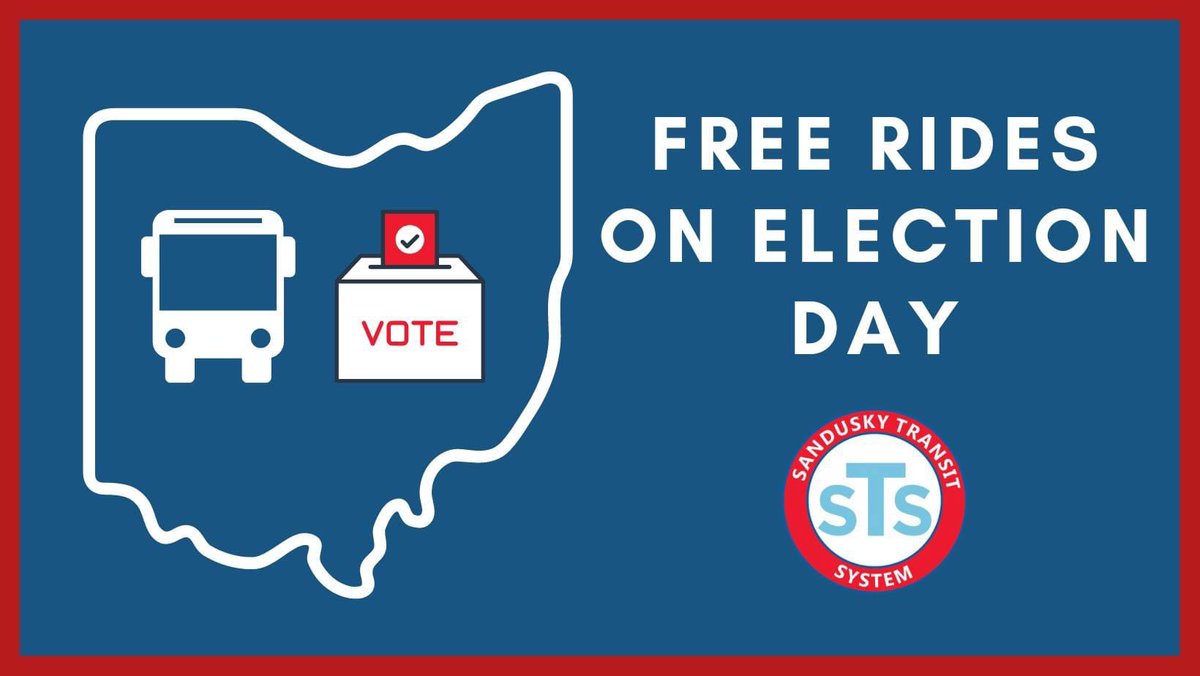 SanduskyTransit's tweet image. Today is Election Day! 🗳 STS is offering free rides on our fixed route lines for anyone taking transit to get to the polls. 
ℹ️ Find your polling location here lookup.boe.ohio.gov/vtrapp/erie/po…
🗺 Plan your route on STS using Google Maps or the Transit app