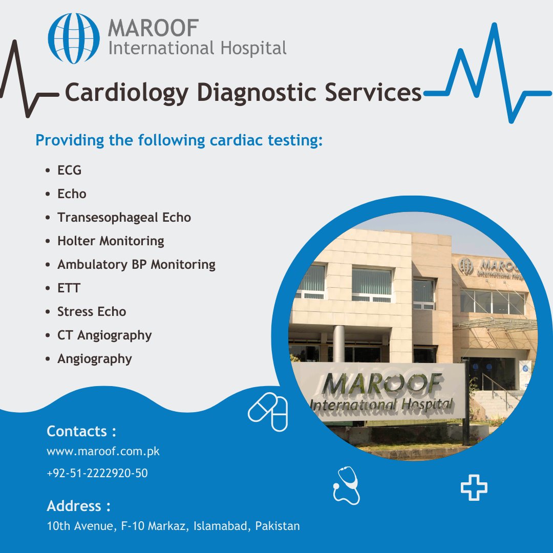 MaroofInt's tweet photo. Maroof International Hospital is providing Cardiology Diagnostics Services.

Book your Appointments Now!
.
.
.
.
.
.
.
.
.
.
.
.
#maroofinternationalhospital #mih #maroofcardiovascularcentre #cardiology #cardio #ambulatorybpmonitoring #ctangiography #angiography #stress https://t.co/YuKnkfgN51
