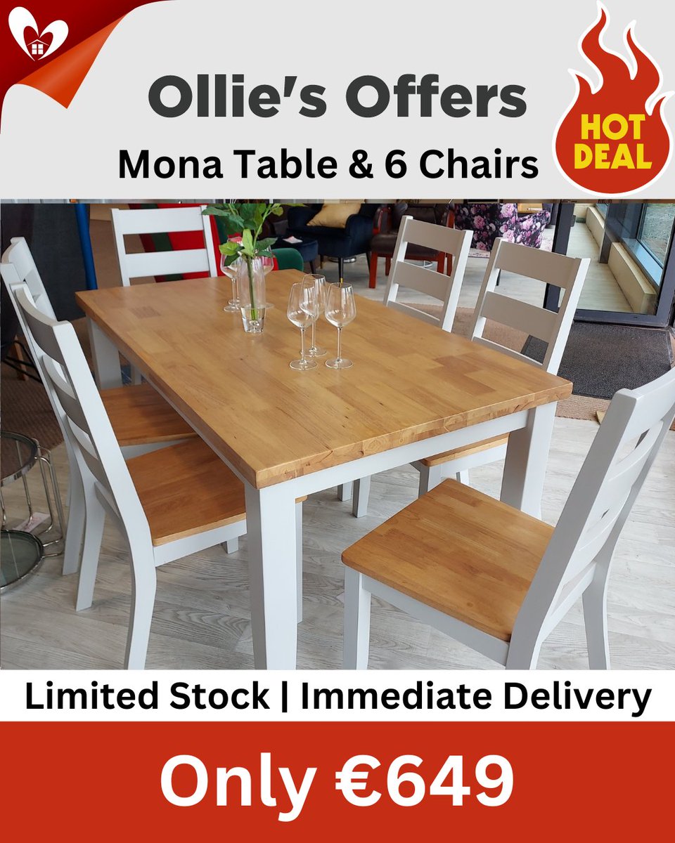 mcvannfurniture's tweet image. Mona Table &amp;amp; 6 Chairs Only €649. Very Limited Stock Available For Immediate Delivery.

Call into us on the Killala Rd, Ballina or Call us on 096 77908 to grab this bargain before it&apos;s gone.

#table #tableset #diningtable #diningchair #kitchentable #shoplocal