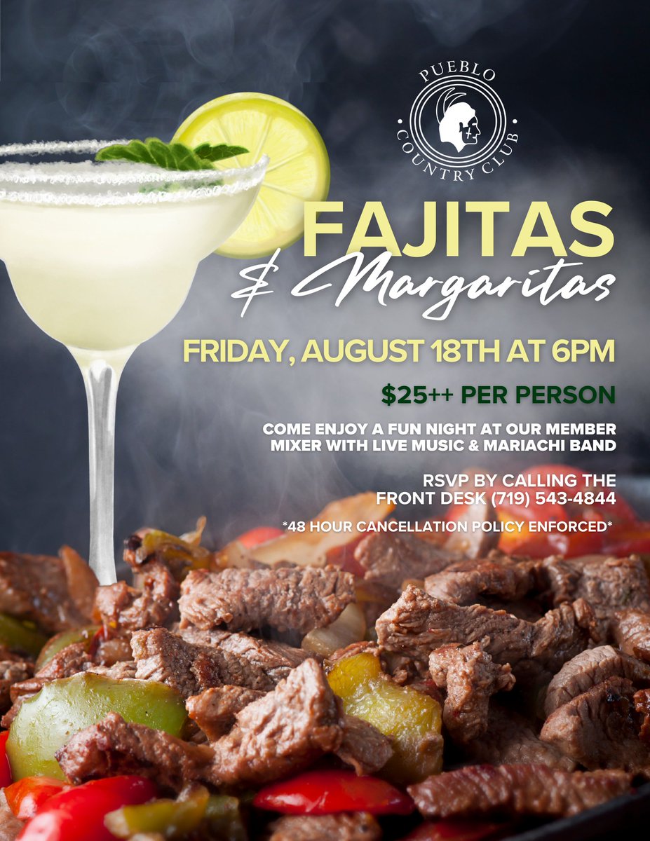 CountryClub1903's tweet photo. Join us for some exciting events coming up! Don't forget to RSVP for Date Night this Friday, August 11th at 5PM. We also have our Fajitas &amp; Margaritas next Friday, August 18th at 6PM. https://t.co/SJETcQWwsi