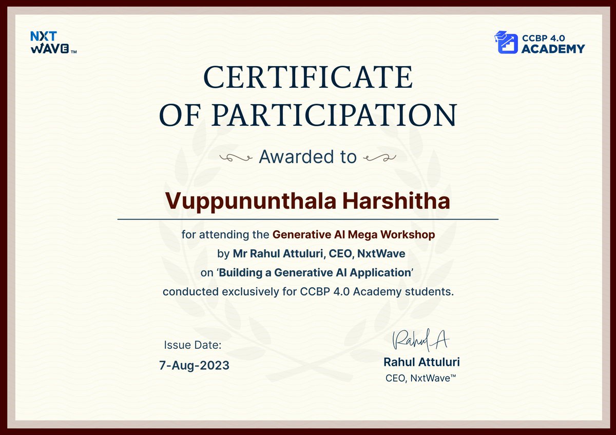 425Chary's tweet photo. Hello ppl 👋🏻I received a Certificate of Participation for attending The GENERATIVE AI MEGA WORKSHOP by @rahulattuluri sir , CEO , @nxtwave_tech on 'Building a Generative AI Application'. 
It was a fantastic experience attending and learning from all  insightful sessions,Tq #ccbp. https://t.co/xnQjguKO8Y