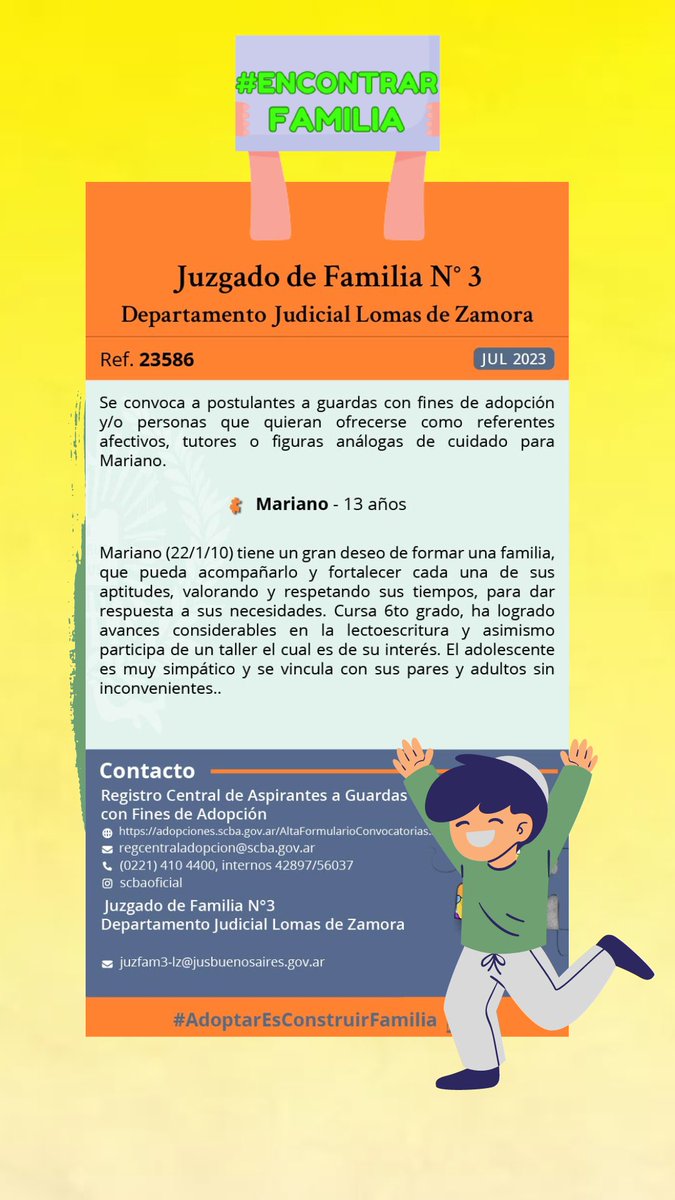 📌LOMAS DE ZAMORA, Mariano tiene 13 años y desea ser parte de una familia. Es simpático y no tiene inconvenientes para vincularse.
Difundamos así se produce el encuentro.
#EncontrarFamilia