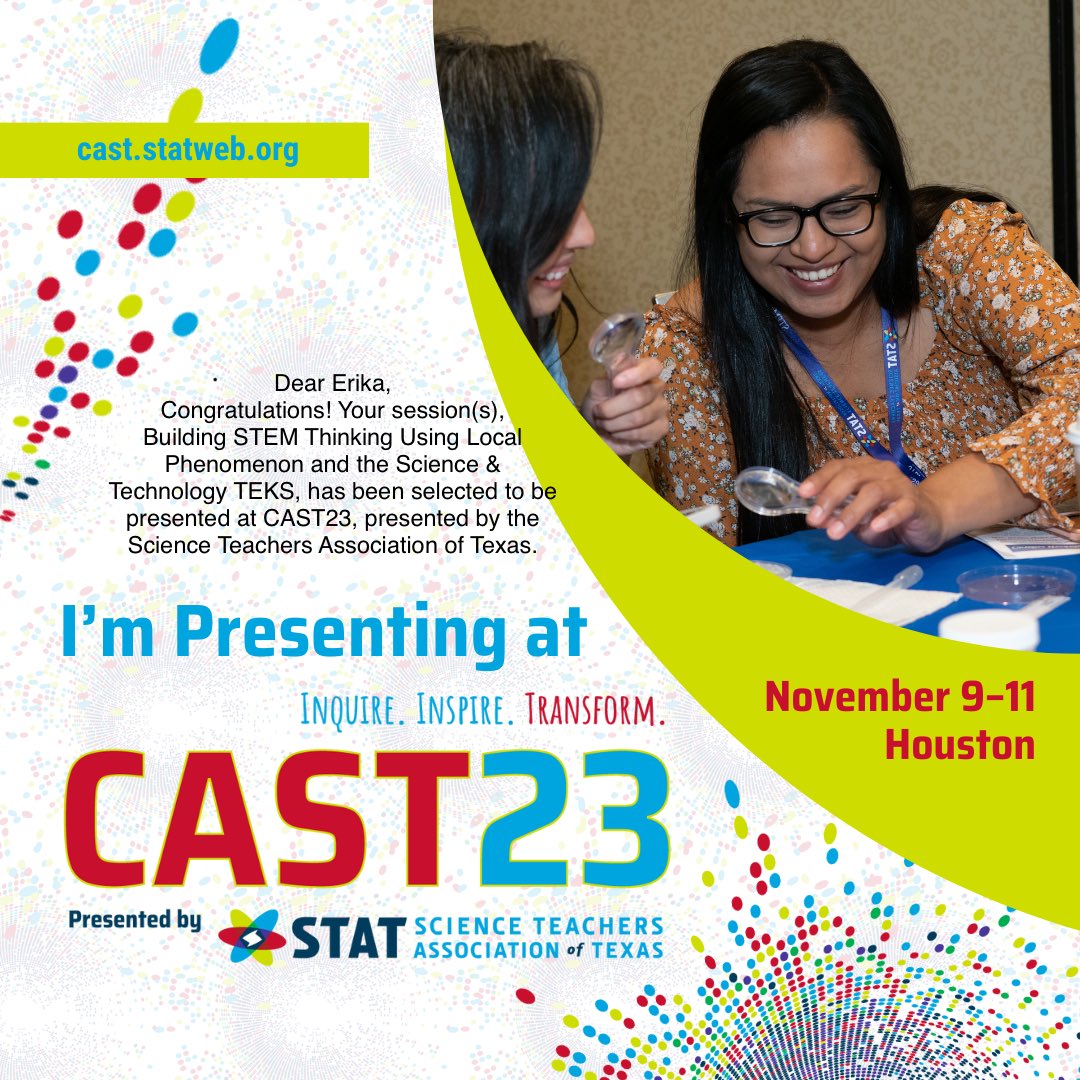 ErikaLForce's tweet photo. I am thrilled to be presenting at CAST23 presented by @TXscienceSTAT! Join me in Houston on November 9–11 to inquire, inspire, and transform with your Texas science community! Visit https://t.co/SJWJA20Hkm to get all the details and register today. #STATCAST23 https://t.co/Oe3QBknzpx