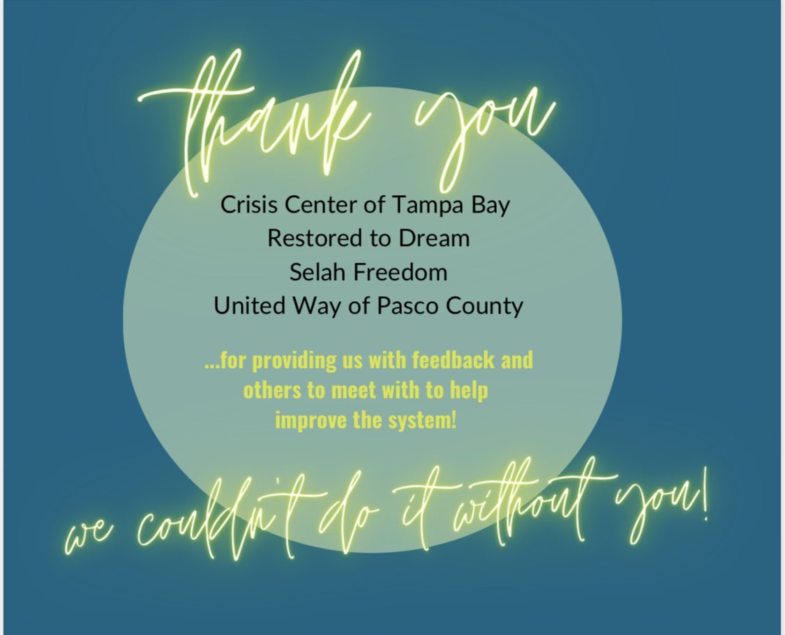 We wanted to give a shoutout to our partners @CrisisCenterTB , @RestoredToDream , @Selah_Freedom , and @UnitedWay_Pasco for conducting #UXResearch with us to improve BRIGHT! #UserExperience #userexperienceresearch #HumanTrafficking