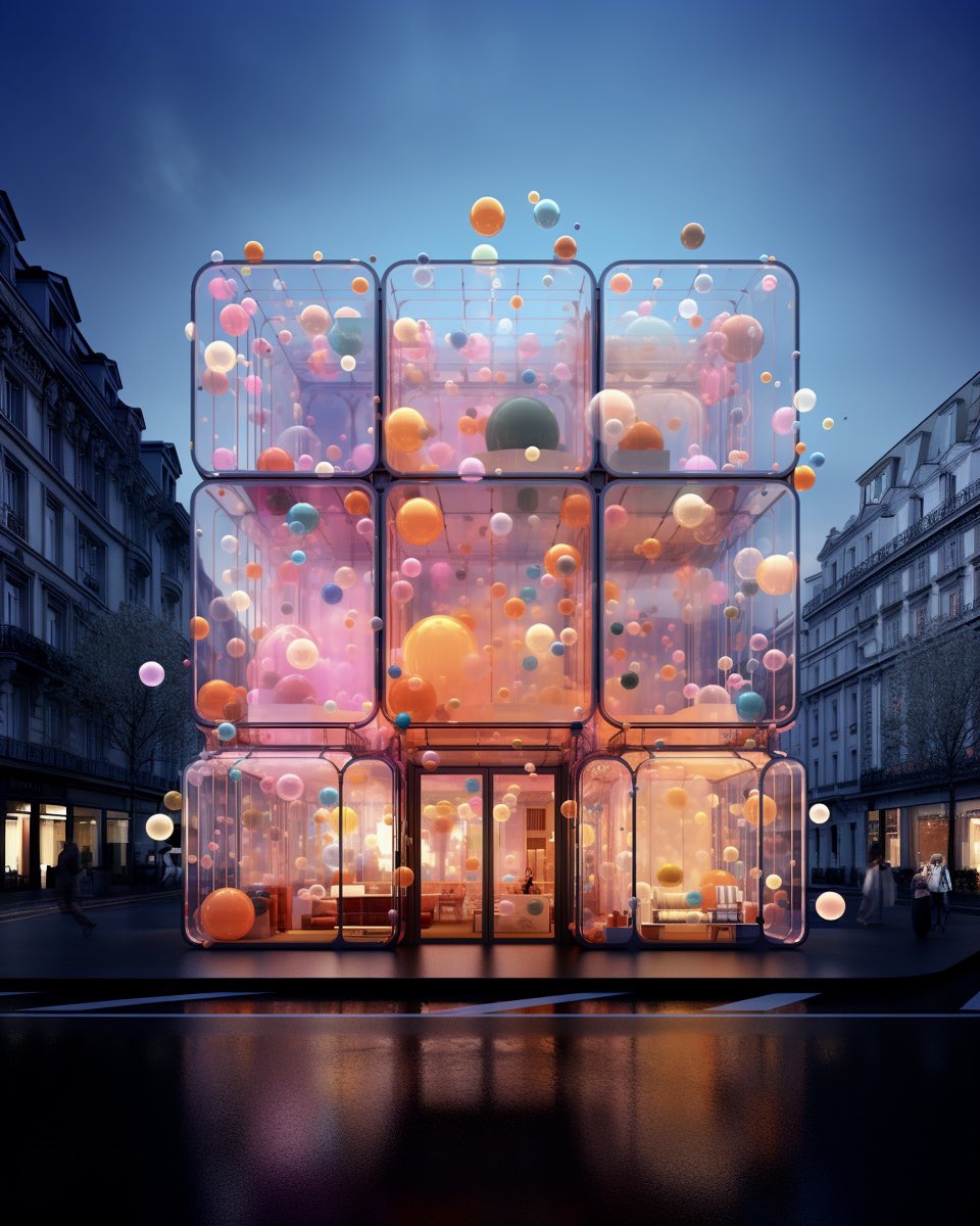 Here are the still images generated of this bubbly glass facade. I like the fillet corners…
@midjourney @LVMH #architecture #facadedesign #champagne #paris #ideas #ai #urban #city #streetfacade #popupshop #retaildesign #luxury