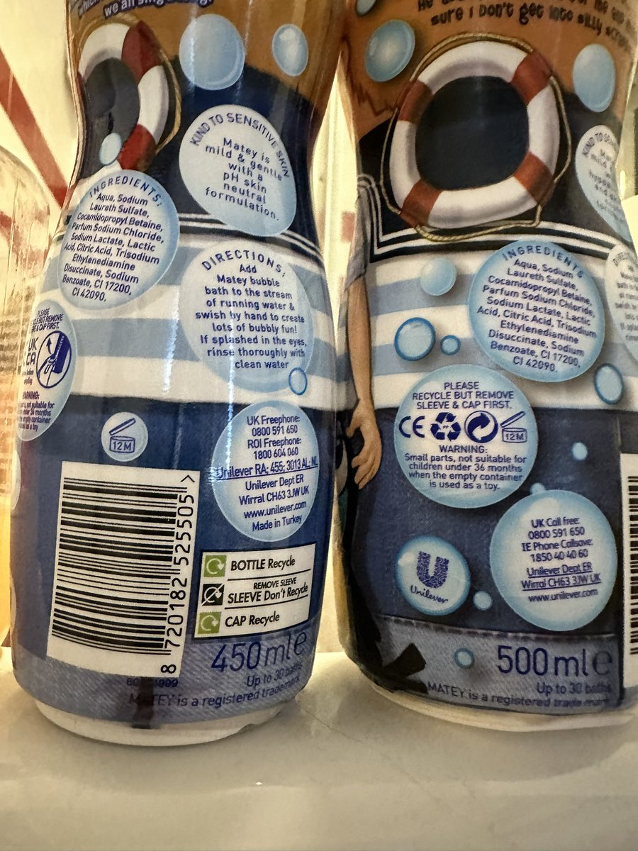 Just found out that even Matey Bubble bath has shrunk from 500ml to 450ml. 
Same price of course. Welcome to the UK.