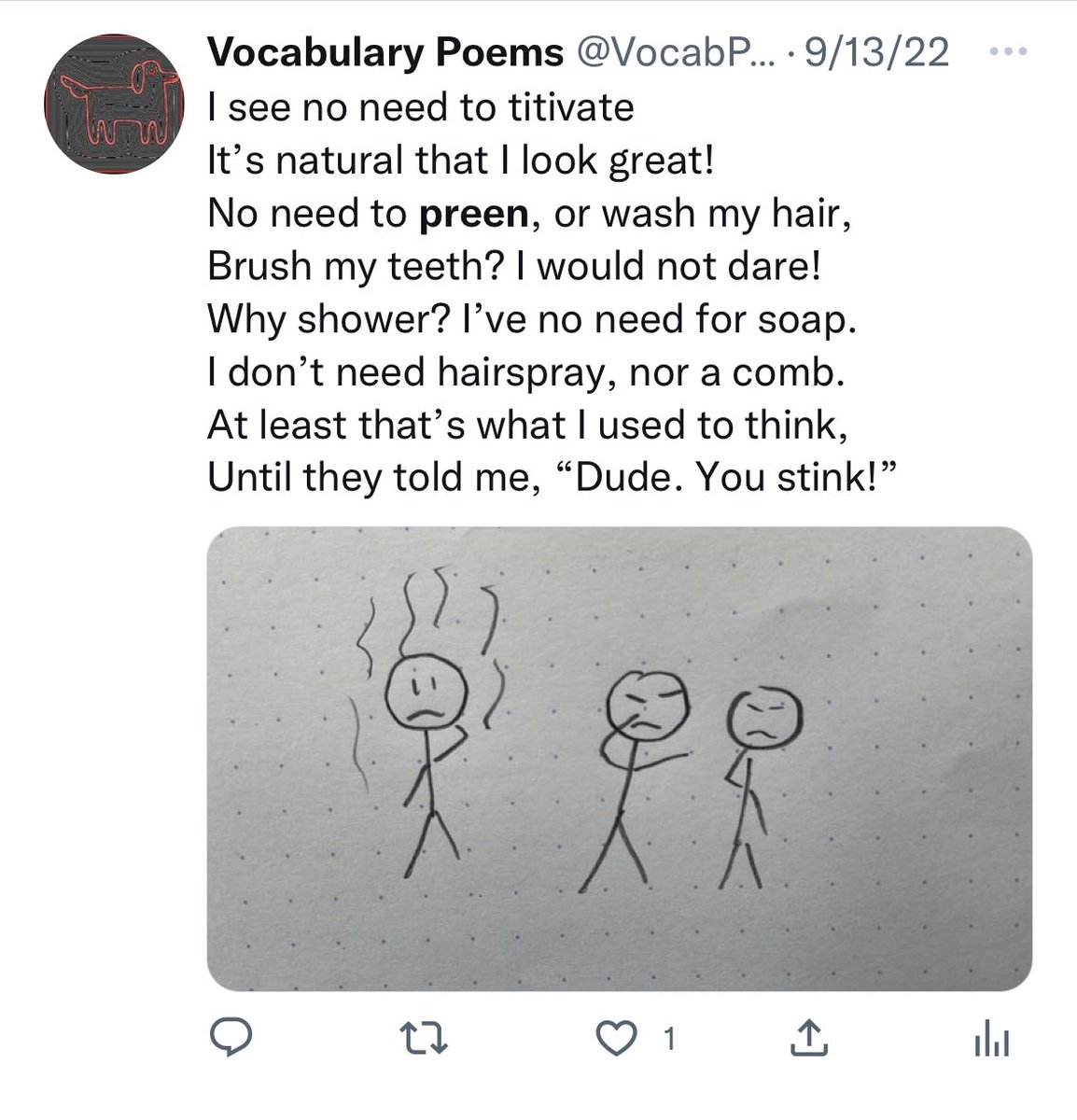 VocabPoems's tweet photo. I think #titivate was the #WOTD on this day, but I like this poem so it just became today’s #poem. #preen https://t.co/muT5gsxB4v