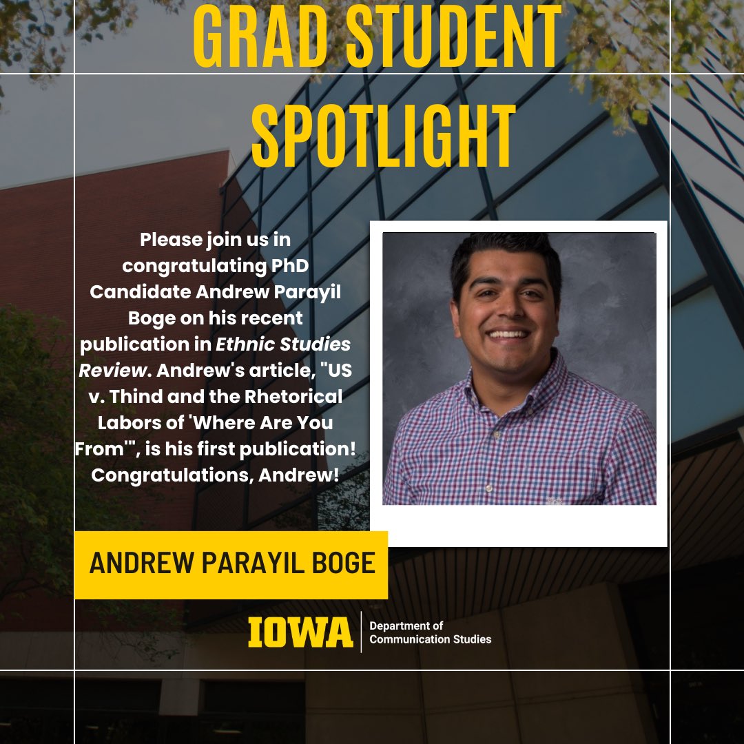 UI_CommStudies's tweet image. Please join us in congratulating PhD Candidate @BOGE_wan_kenobi on his recent publication in Ethnic Studies Review. Andrew&apos;s article, &quot;US v. Thind and the Rhetorical Labors of &apos;Where Are You From&apos;&quot;, is his first publication! Congratulations, Andrew! #commstudies #rhetoric #RCE