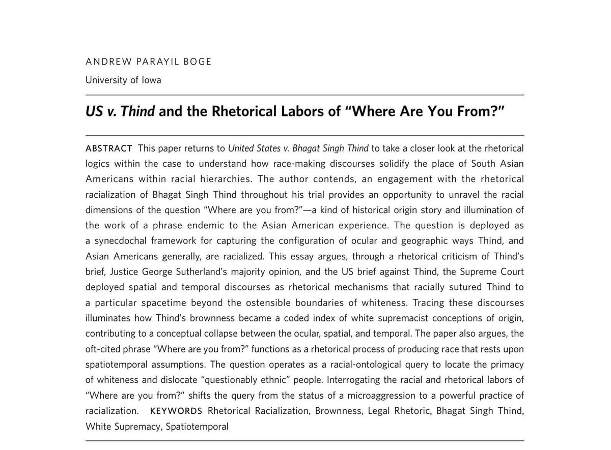 UI_CommStudies's tweet image. Please join us in congratulating PhD Candidate @BOGE_wan_kenobi on his recent publication in Ethnic Studies Review. Andrew&apos;s article, &quot;US v. Thind and the Rhetorical Labors of &apos;Where Are You From&apos;&quot;, is his first publication! Congratulations, Andrew! #commstudies #rhetoric #RCE