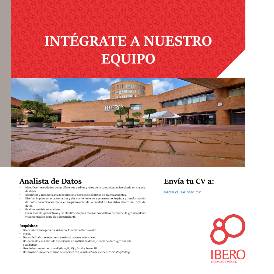 IBERO_mx's tweet photo. ¡La IBERO busca a su próximo o próxima analista de datos! 

Únete a esta gran familia y descubre por qué la IBERO es el mejor lugar para continuar con tu carrera profesional. 

A continuación, los detalles de la #vacante: https://t.co/irEqPJYQed