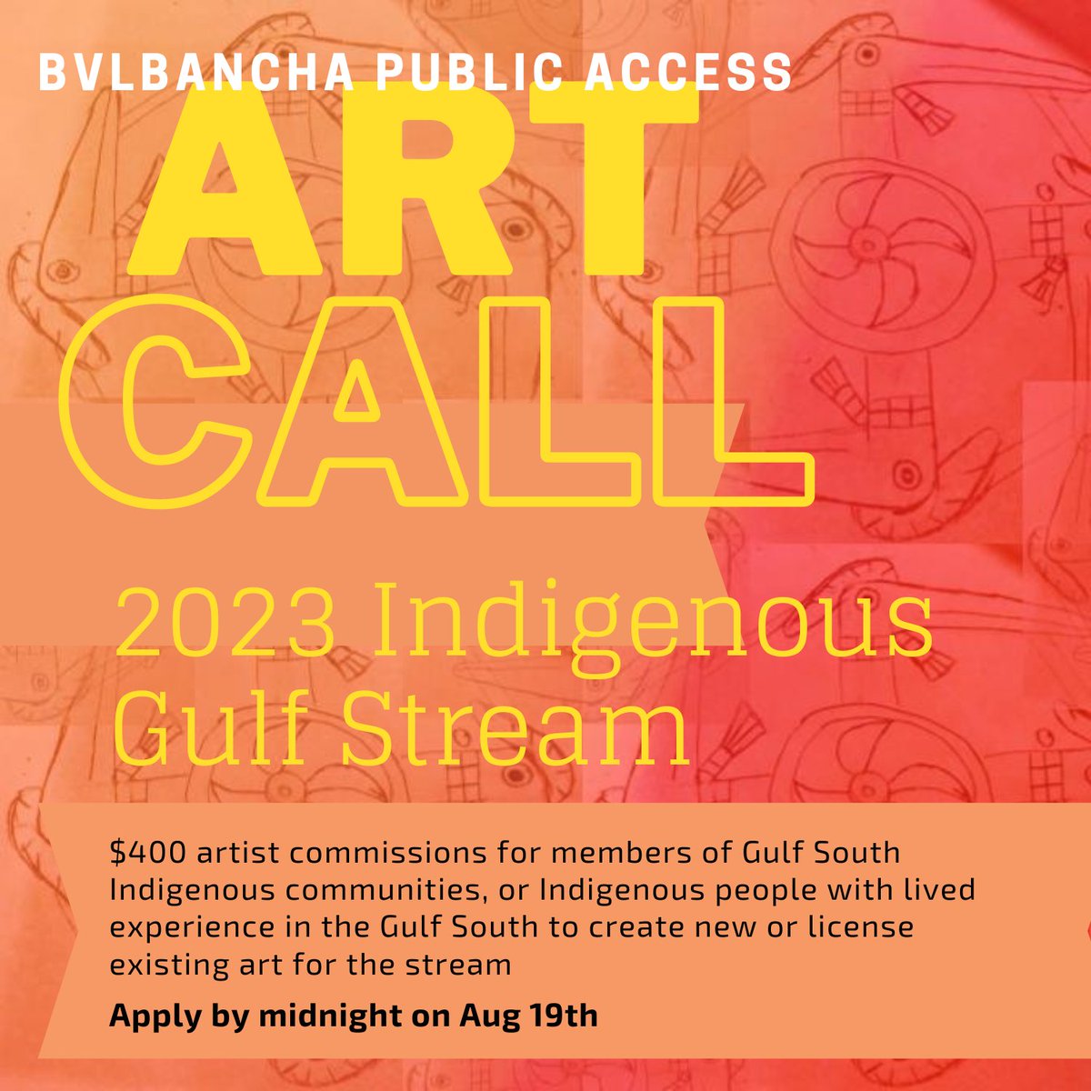NOCGS's tweet image. ART CALL!!!!

Bvlbancha Public Access is seeking content for the Indigenous Gulf Stream media biennial!

More info below:
bvlbanchapublicaccess.com/2023-indigenou…

@BvlbanchaAccess @bvlbancha