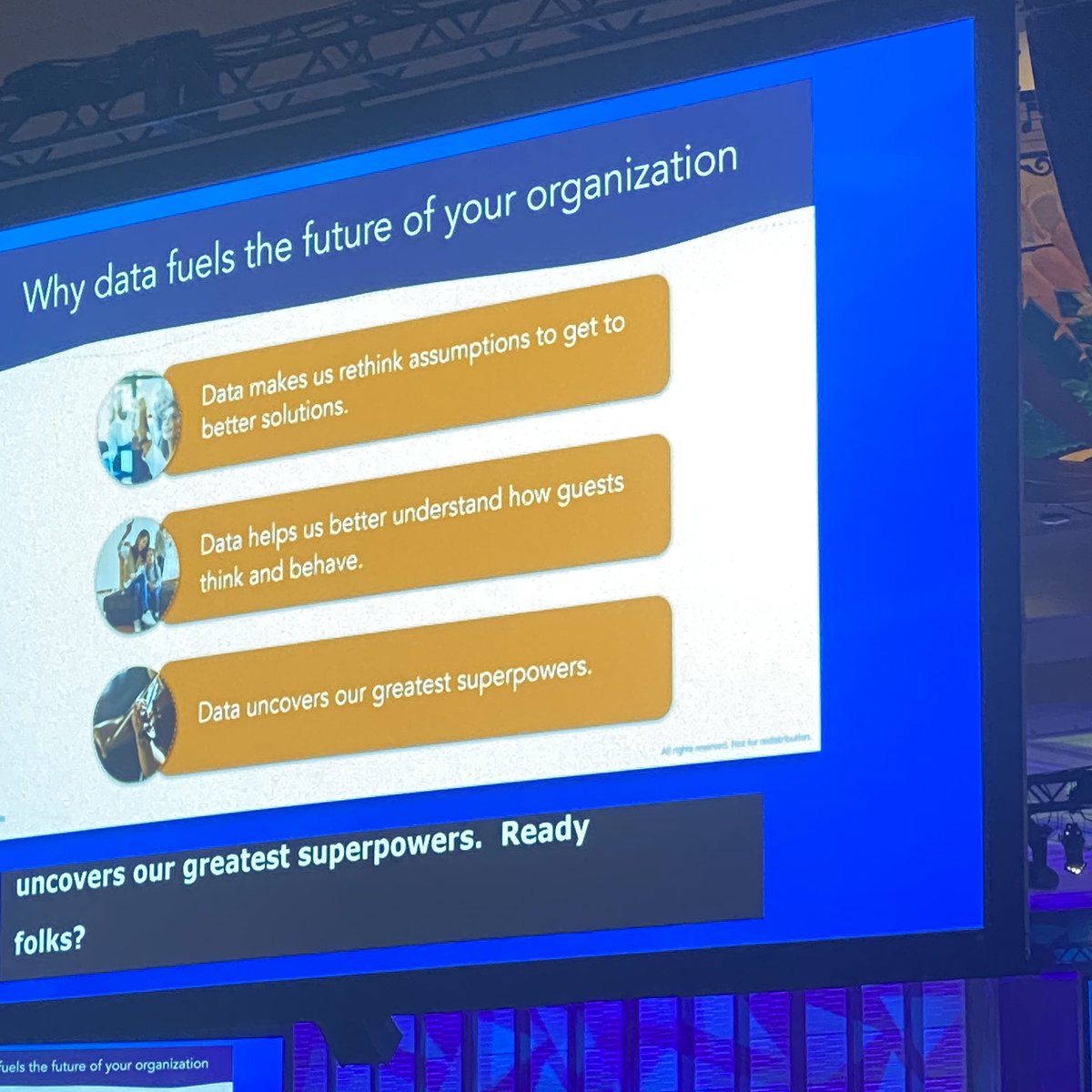 Ayyyyy

Data uncovers our greatest superpowers!

Data helps us better understand how guests think and behave!

Data makes us rethink assumptions to get to better solutions! <a href="/cdilly/">Colleen Dilenschneider</a> #TLCC2023