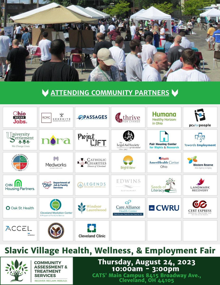 @CATScle has partnered with @housingcenter for our 2023 Resource Fair on August 24th from 10AM to 3PM!

Please visit communityassessment.org.

#resources #resourcefair #communityassessment #treatmentservices #health #wellness #employment #mentalhealth #substanceabuse