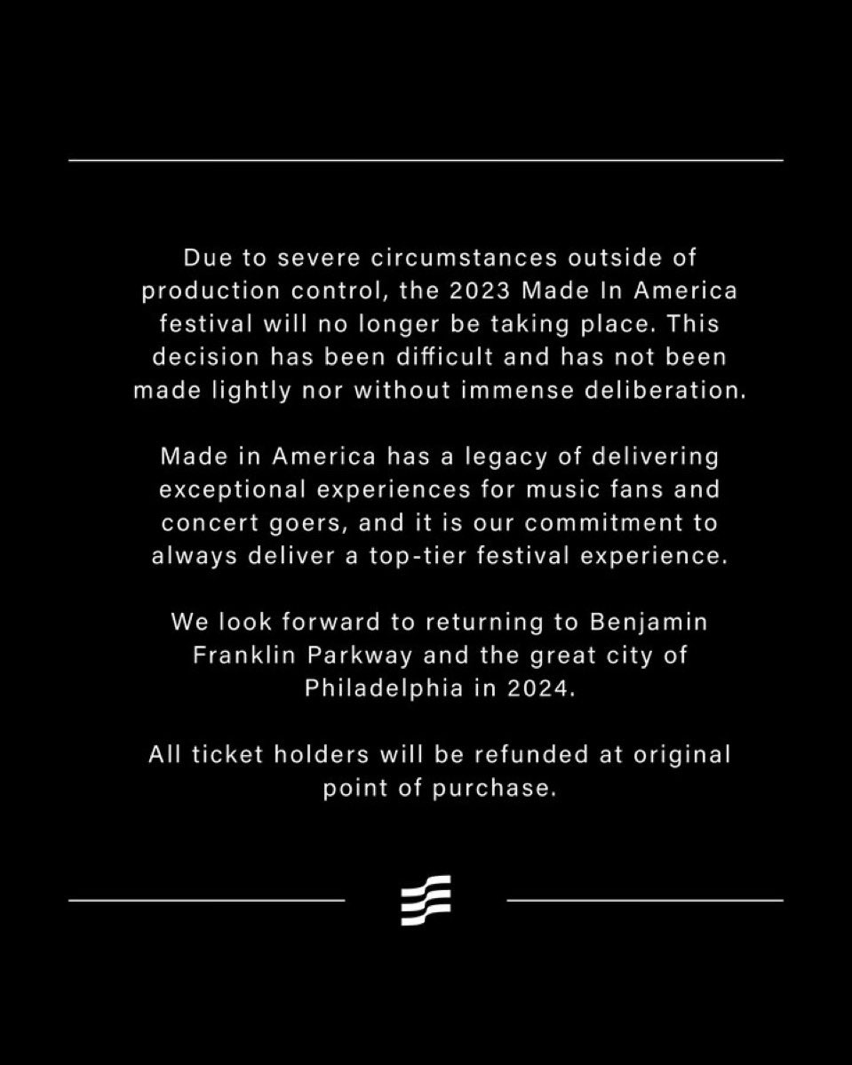 mrdellis's tweet photo. Sad that this is was cancelled for Philadelphia.  It’s bad timing considering the competition for festivals in the summer. Hopefully it comes back stronger next year. https://t.co/MZRu0f2FXK