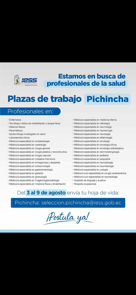 RaulAC7481's tweet photo. Oferta Laboral para profesionales sanitarios para IESS Pichincha https://t.co/9rWi4KwQ2e